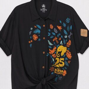 Disney Animal Kingdom Top Womens Plus 3X Black Short Sleeve Knotted Button Up